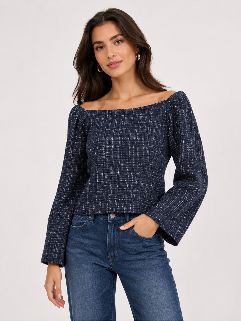 Zara NWT Women's Blue Tweed Textured Off the Shoulder Top Long Sleeve‎ Size XS